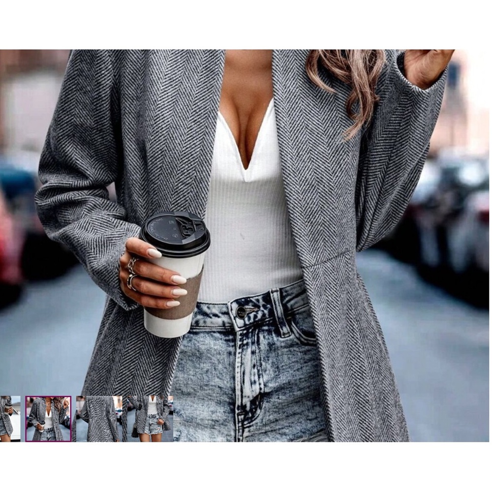 Grey Casual Women's Herringbone Open Front Overcoat